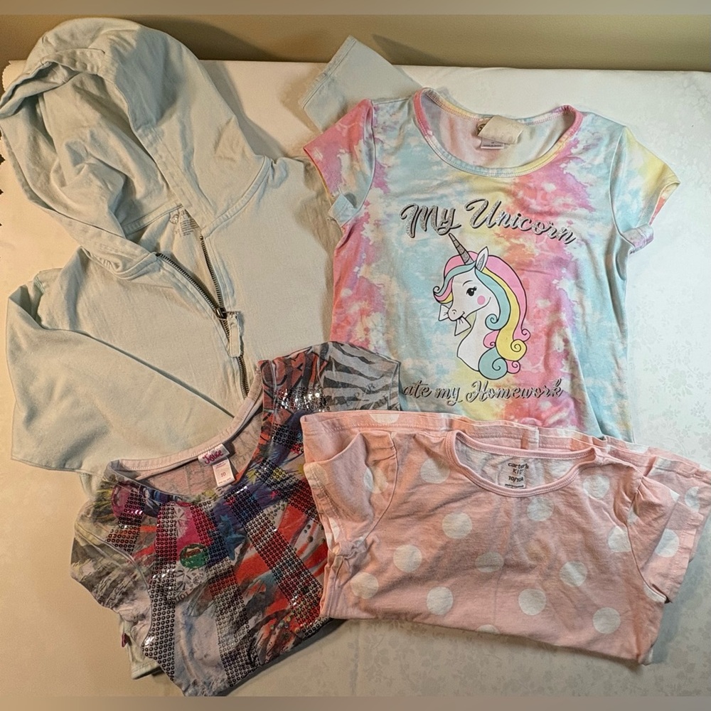 EUC/GUC Bundle 4 Tops: Hoodie & 3 Tees - Incl Tie-Dye Unicorn and Sequined Rock